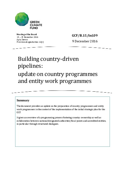 Document cover for Building country-driven pipelines: update on country programmes and entity work programmes