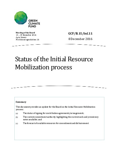 Document cover for Status of the Initial Resource Mobilization process