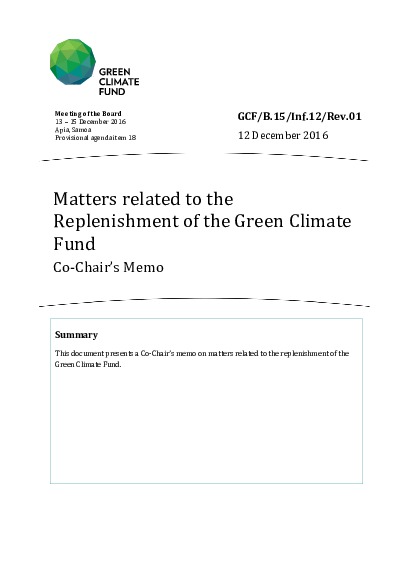 Document cover for Matters related to the Replenishment of the Green Climate Fund: Co-Chair’s Memo