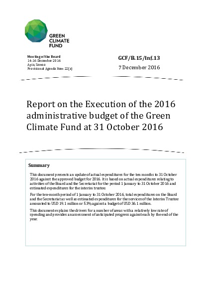 Document cover for Report on the execution of the administrative budget for 2016