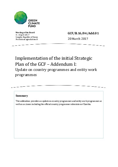 Document cover for Implementation of the initial Strategic Plan of the GCF – Addendum I: Update on country programmes and entity work programmes