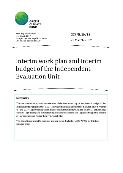 Download Interim work plan and interim budget of the Independent Evaluation Unit Document cover for Interim work plan and interim budget of the Independent Evaluation Unit
