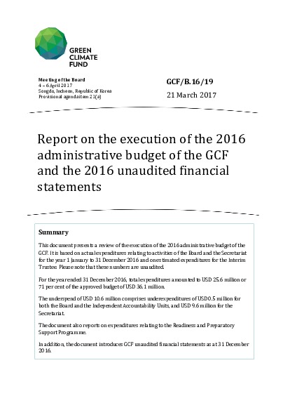 Document cover for Report on the execution of the 2016 administrative budget of the GCF and the 2016 unaudited financial statements