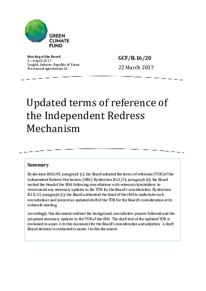 Document cover for Updated terms of reference of the Independent Redress Mechanism