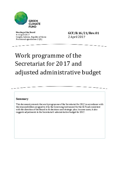 Document cover for Work programme of the Secretariat for 2017 and adjusted administrative budget
