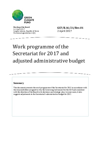Download Work programme of the Secretariat for 2017 and adjusted administrative budget Document cover for Work programme of the Secretariat for 2017 and adjusted administrative budget