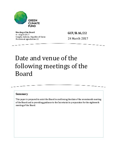 Document cover for Date and venue of the following meetings of the Board