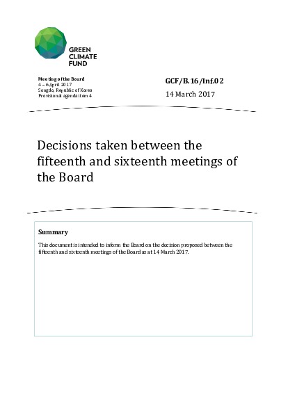Document cover for Decisions taken between the fifteenth and sixteenth meetings of the Board