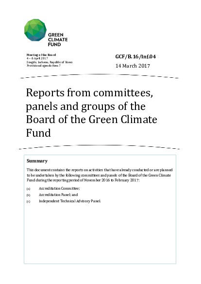 Document cover for Reports from committees, panels and groups of the Board of the Green Climate Fund