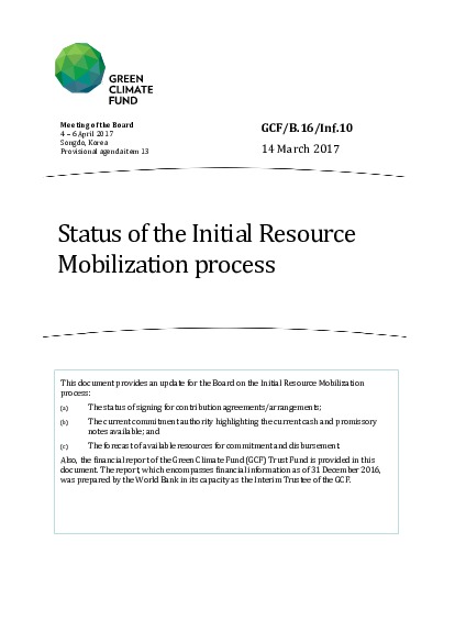 Document cover for Status of the Initial Resource Mobilization process