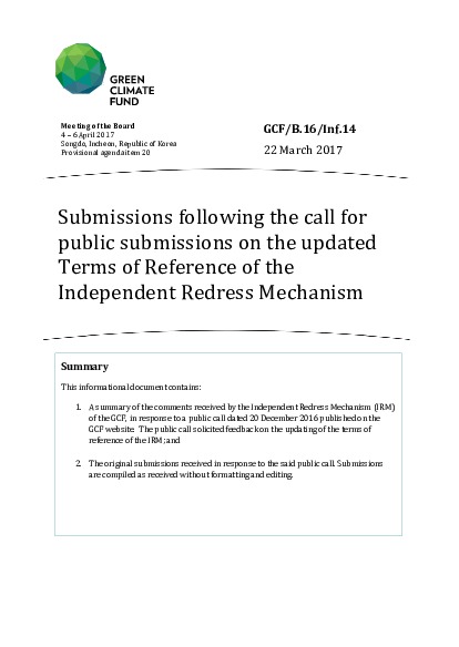 Document cover for Submissions following the call for public submissions on the updated Terms of Reference of the Independent Redress Mechanism
