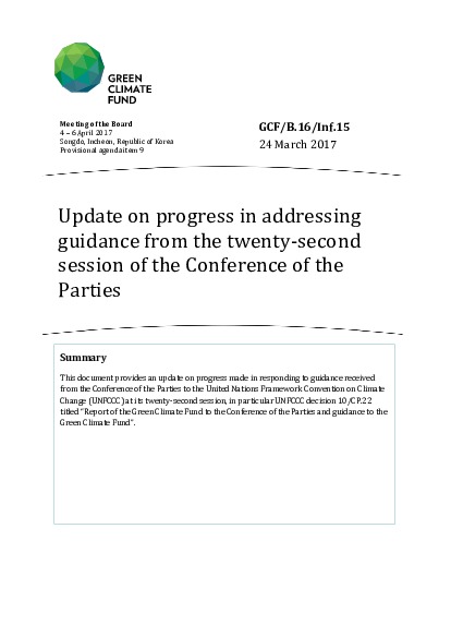Document cover for Update on progress in addressing guidance from the twenty-second session of the Conference of the Parties