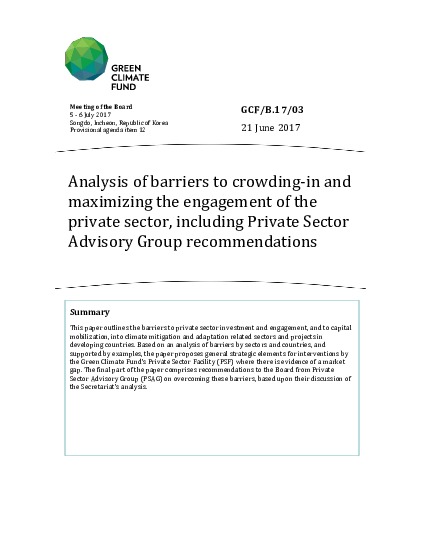 Document cover for Analysis of barriers to crowding‐in and maximizing the engagement of the private sector, including Private Sector Advisory Group recommendations