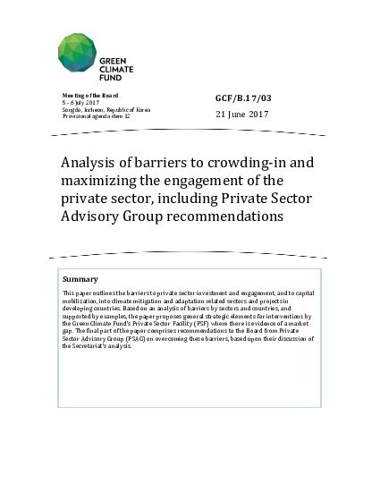 Download Analysis of barriers to crowding‐in and maximizing the engagement of the private sector, including Private Sector Advisory Group recommendations Document cover for Analysis of barriers to crowding‐in and maximizing the engagement of the private sector, including Private Sector Advisory Group recommendations