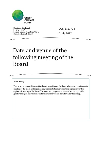 Document cover for Date and venue of the following meeting of the Board