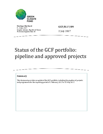 Document cover for Status of the GCF portfolio: pipeline and approved projects