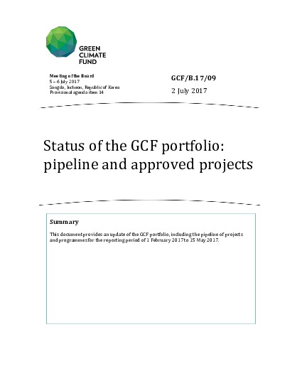 Download Status of the GCF portfolio: pipeline and approved projects Document cover for Status of the GCF portfolio: pipeline and approved projects