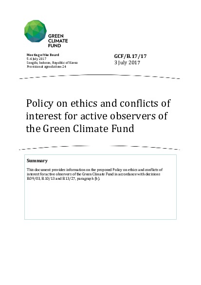 Document cover for Policy on ethics and conflicts of interest for active observers of the Green Climate Fund