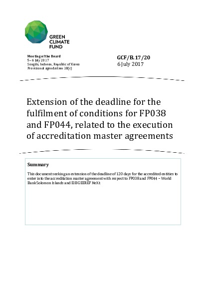 Document cover for Extension of the deadline for the fulfilment of conditions for FP038 and FP044, related to the execution of accreditation master agreements