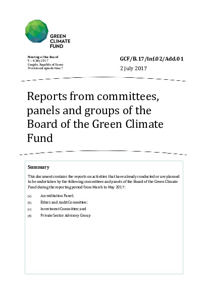 Download Reports from committees, panels and groups of the Board of the Green Climate Fund – Addendum Document cover for Reports from committees, panels and groups of the Board of the Green Climate Fund – Addendum
