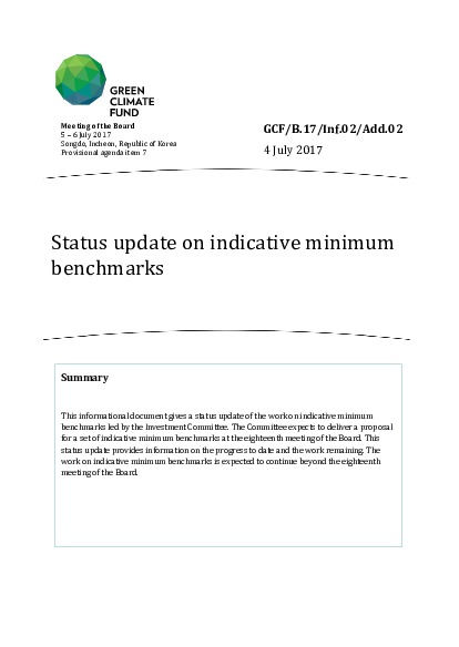Document cover for Status update on indicative minimum benchmarks