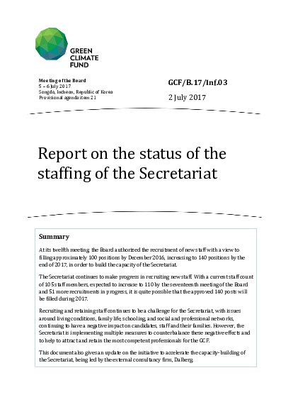 Document cover for Report on the status of the staffing of the Secretariat