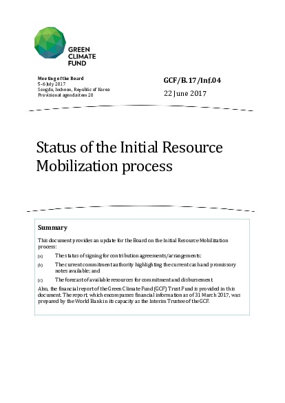 Document cover for Status of the Initial Resource Mobilization process