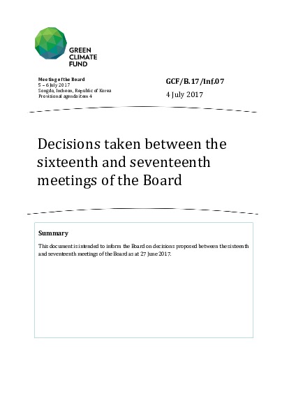 Document cover for Decisions taken between the sixteenth and seventeenth meetings of the Board