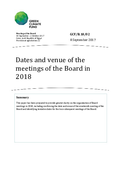 Document cover for Dates and venue of the meetings of the Board in 2018