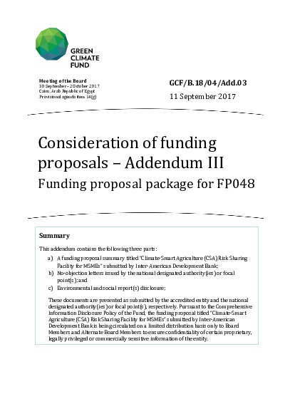 Document cover for Funding proposal package for FP048