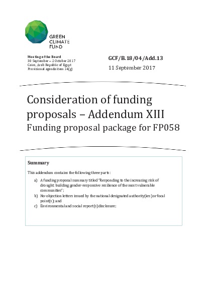 Document cover for Funding proposal package for FP058