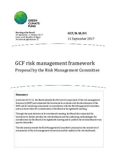 Document cover for GCF risk management framework: proposal by the Risk Management Committee