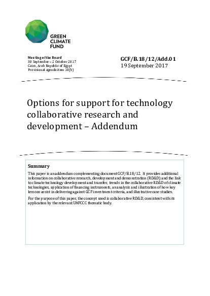 Document cover for Options for support for technology collaborative research and development - Addendum