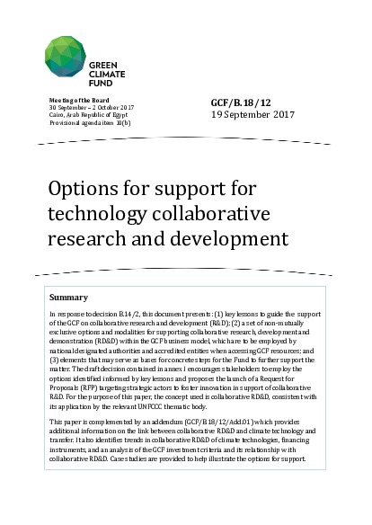Document cover for Options for support for technology collaborative research and development