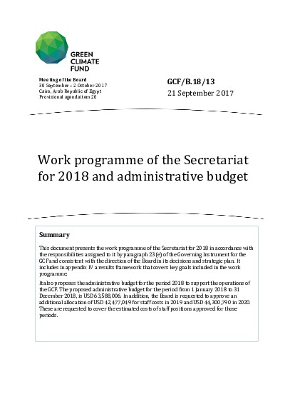 Document cover for Work programme of the Secretariat for 2018 and administrative budget