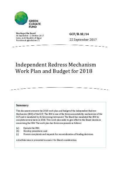 Document cover for Independent Redress Mechanism Work Plan and Budget for 2018