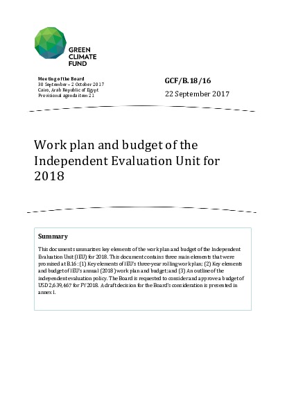 Document cover for Work plan and budget of the Independent Evaluation Unit for 2018