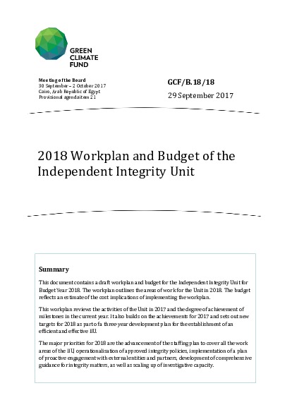 Document cover for 2018 Workplan and Budget of the Independent Integrity Unit