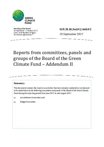 Download Reports from committees, panels and groups of the Board of the Green Climate Fund - Addendum II Document cover for Reports from committees, panels and groups of the Board of the Green Climate Fund - Addendum II