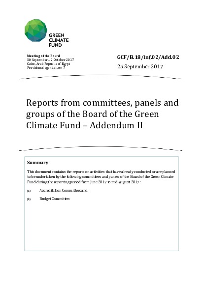 Document cover for Reports from committees, panels and groups of the Board of the Green Climate Fund - Addendum II