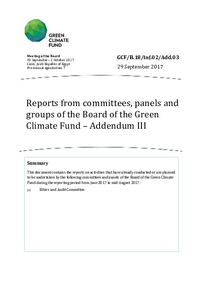 Document cover for Reports from committees, panels and groups of the Board of the Green Climate Fund – Addendum III