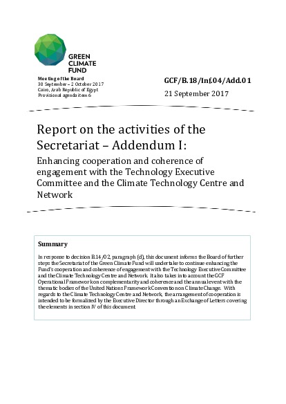 Document cover for Report on the activities of the Secretariat - Addendum I: Enhancing cooperation and coherence of engagement with the TEC and the CTCN