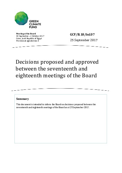 Document cover for Decisions proposed and approved between the seventeenth and eighteenth meetings of the Board