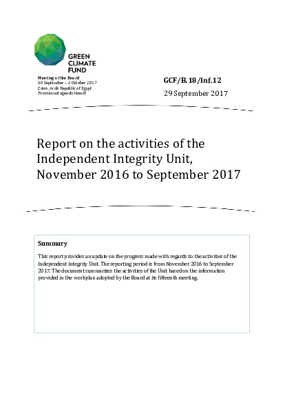 Document cover for Report on the activities of the Independent Integrity Unit, November 2016 to September 2017