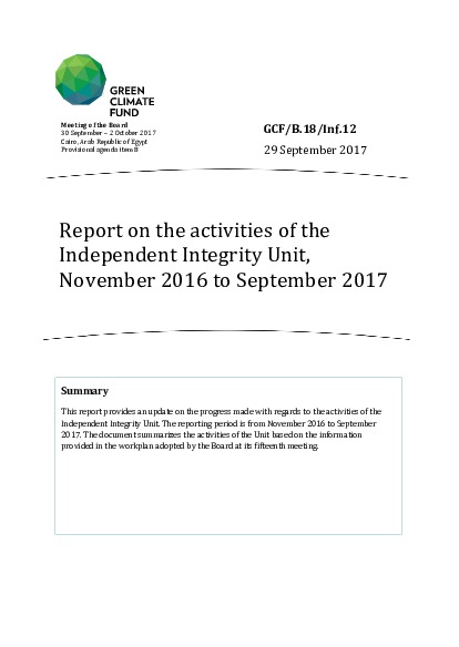 Document cover for Report on the activities of the Independent Integrity Unit, November 2016 to September 2017
