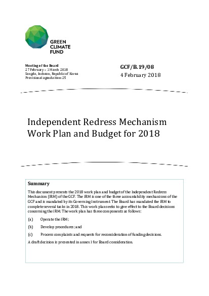 Document cover for Independent Redress Mechanism Work Plan and Budget for 2018