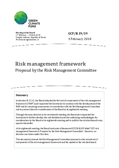 Document cover for Risk management framework: Proposal by the Risk Management Committee