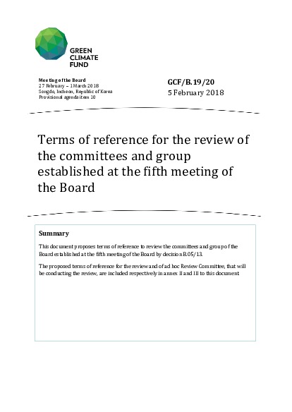 Document cover for Terms of reference for the review of the committees and group established at the fifth meeting of the Board