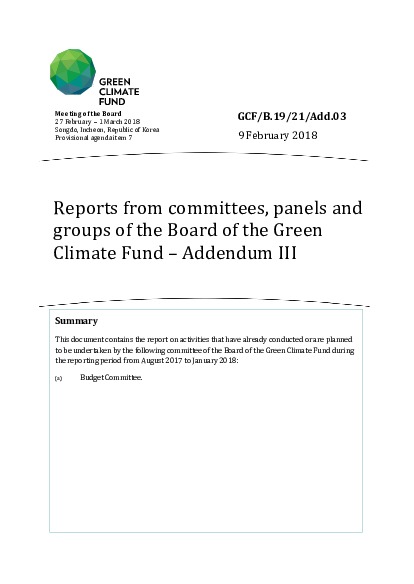 Document cover for Reports from committees, panels and groups of the Board of the Green Climate Fund – Addendum III