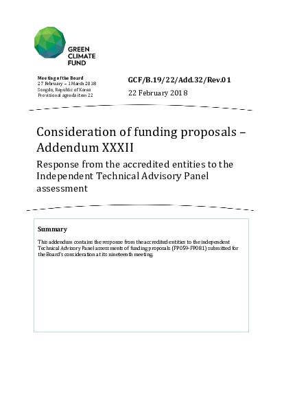 Download Consideration of funding proposals – Addendum XXXII: Response from the accredited entities to the Independent Technical Advisory Panel assessment Document cover for Consideration of funding proposals – Addendum XXXII: Response from the accredited entities to the Independent Technical Advisory Panel assessment